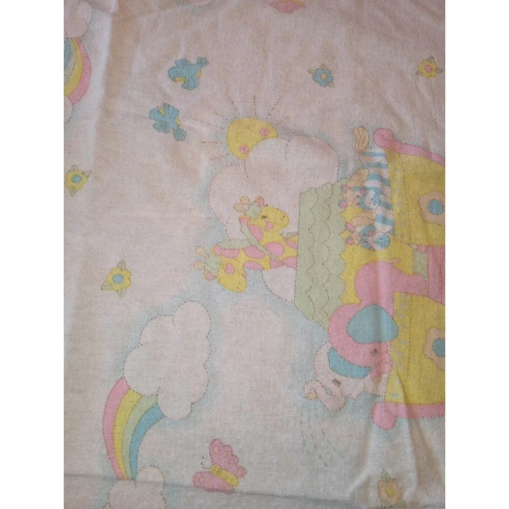 Vintage 1985 Curity Noahs Ark Baby Blanket‎ Pastel Animals Flannel Kendall Co